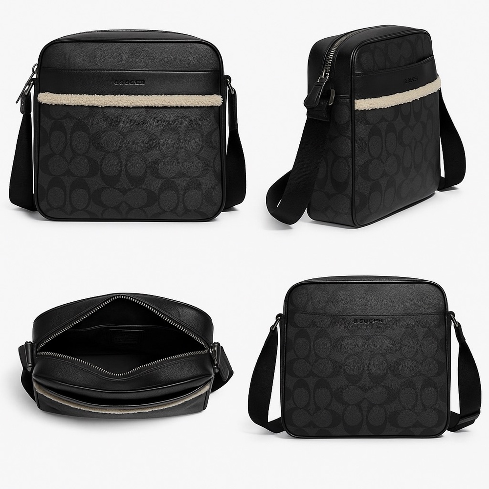 Coach Unisex Camera Bag Black Signature Crossbody |Shearling Trim| Messenger Bag